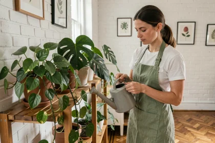 Femme entretenant ses plantes d'intérieur tropicales sur une étagère en bois dans un salon moderne