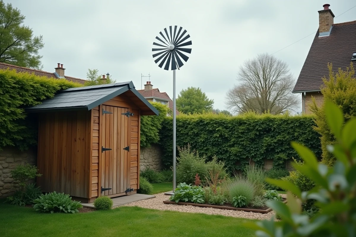 Petite éolienne domestique à axe vertical installée dans un jardin de maison individuelle pour produire de l'électricité renouvelable