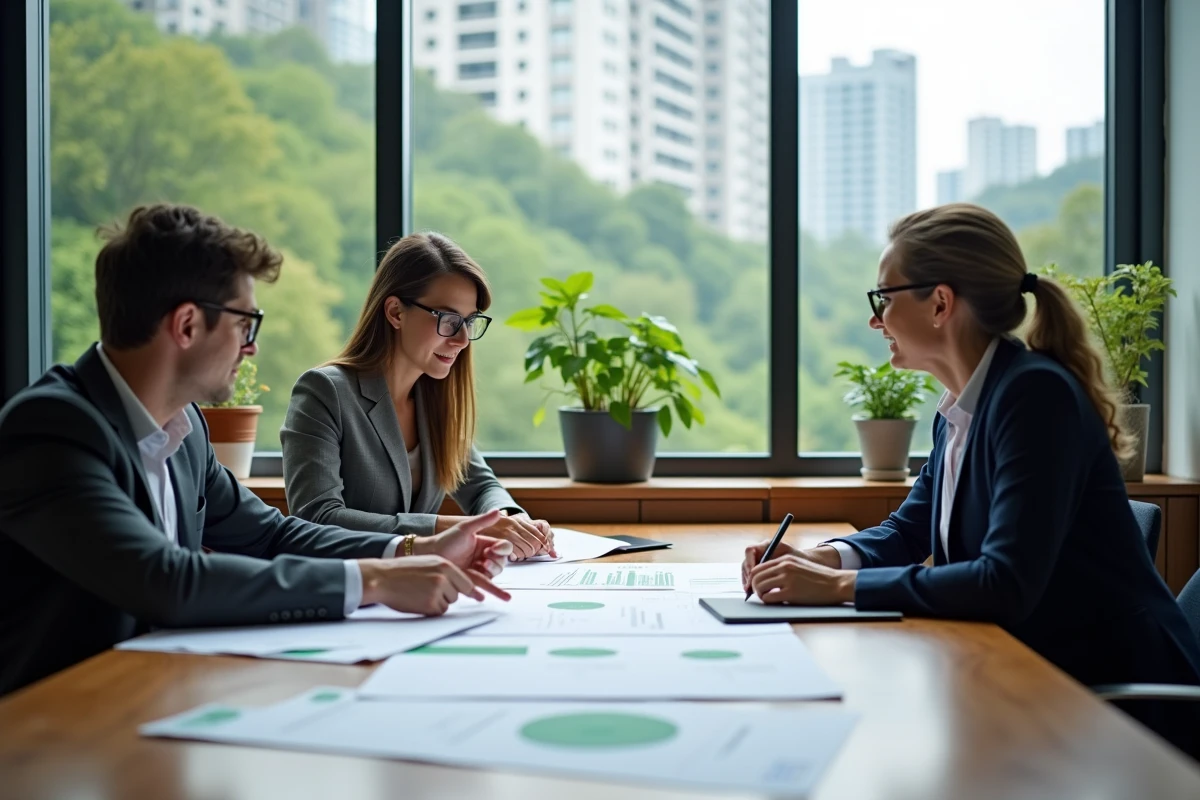 Équipe professionnelle analysant les exigences environnementales de la norme ISO 14001 en salle de réunion