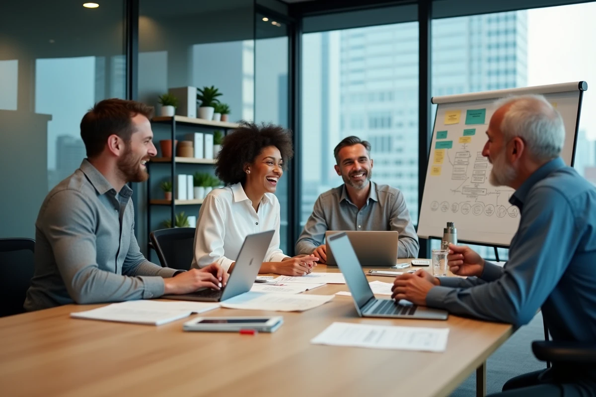 Une équipe professionnelle diverse collaborant autour d'une table de réunion avec des outils numériques pour planifier la transformation digitale de leur entreprise