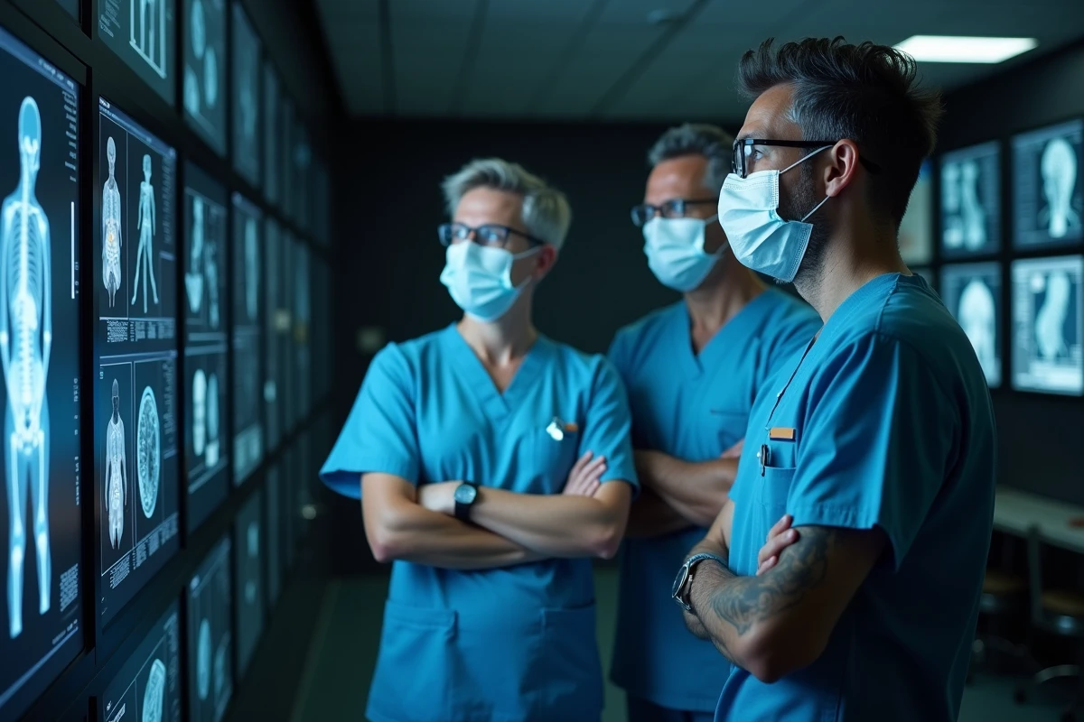 Équipe médicale internationale analysant des scanners médicaux dans une salle de recherche de pointe représentant les systèmes de santé les plus avancés du monde