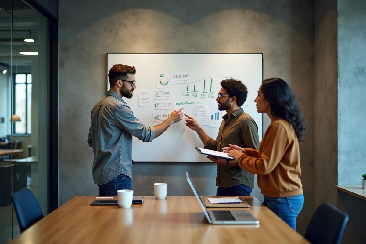 Équipe de professionnels élaborant une stratégie d'économies budgétaires dans une salle de réunion