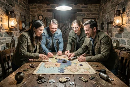 Groupe de joueurs concentrés autour d'énigmes dans un escape game en Lot-et-Garonne