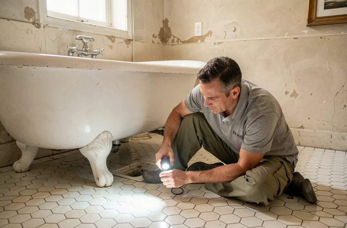 Technicien Étienne Services inspectant le siphon d'une baignoire ancienne en salle de bain