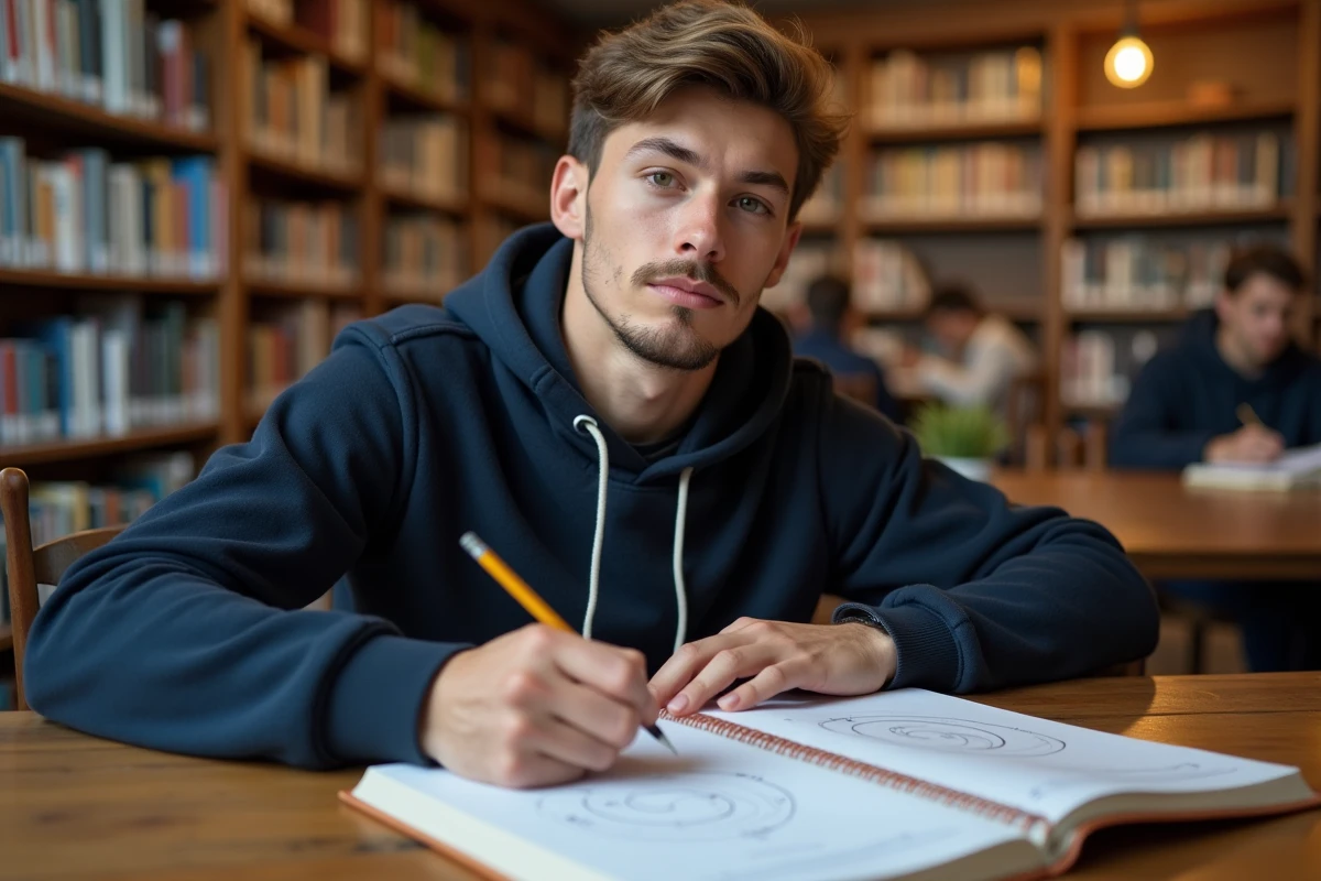 Étudiant en physique prenant des notes sur le mouvement circulaire et la rotation dans une bibliothèque universitaire