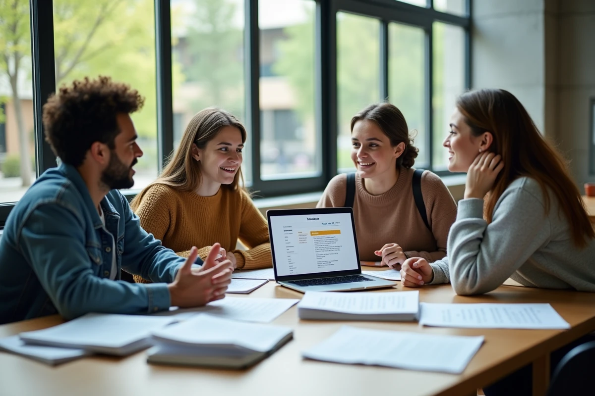 Étudiants en sociologie discutant de théories autour d'une table de séminaire universitaire moderne