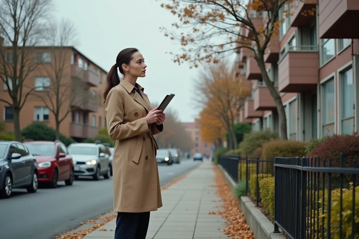 Investisseur immobilier évaluant un immeuble locatif depuis la rue avant de décider de le vendre