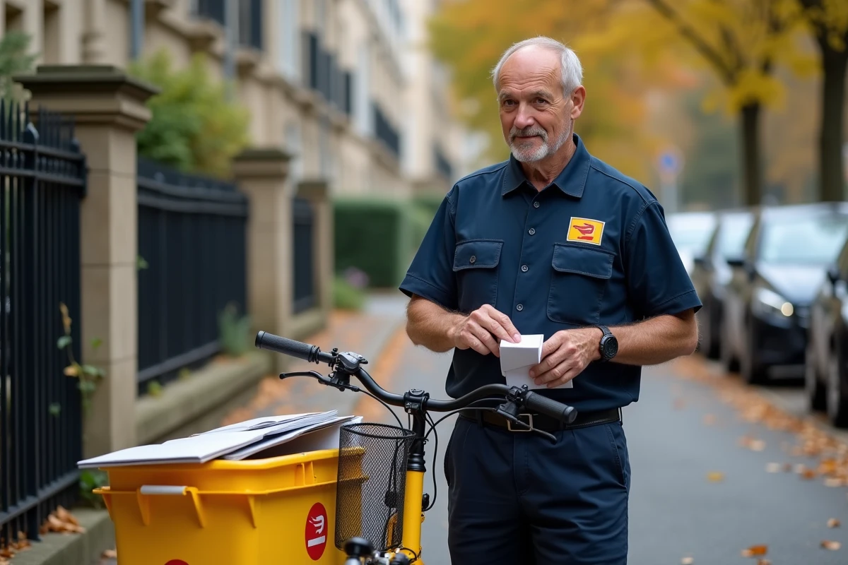 Facteur en uniforme La Poste triant son courrier à côté de son vélo jaune dans une rue résidentielle française en automne