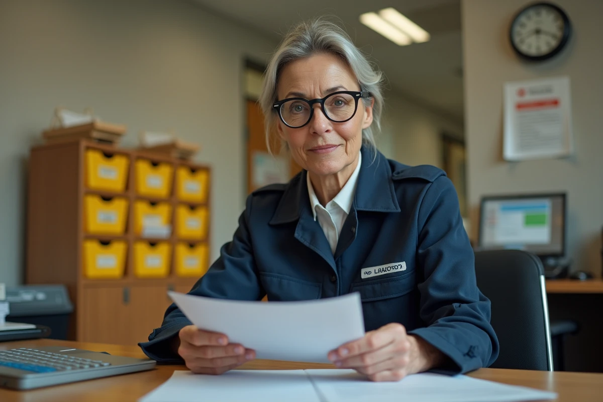 Factrice La Poste examinant des documents de retraite à son bureau dans un bureau de poste