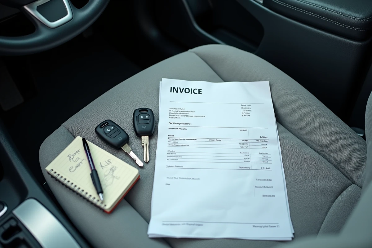 Facture de trajet en voiture posée sur le siège passager avec des clés de voiture et un carnet de notes kilométriques