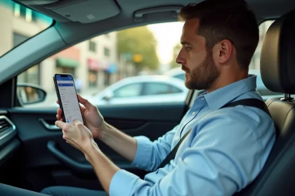Conducteur consultant une application de facturation de trajet en voiture sur son smartphone