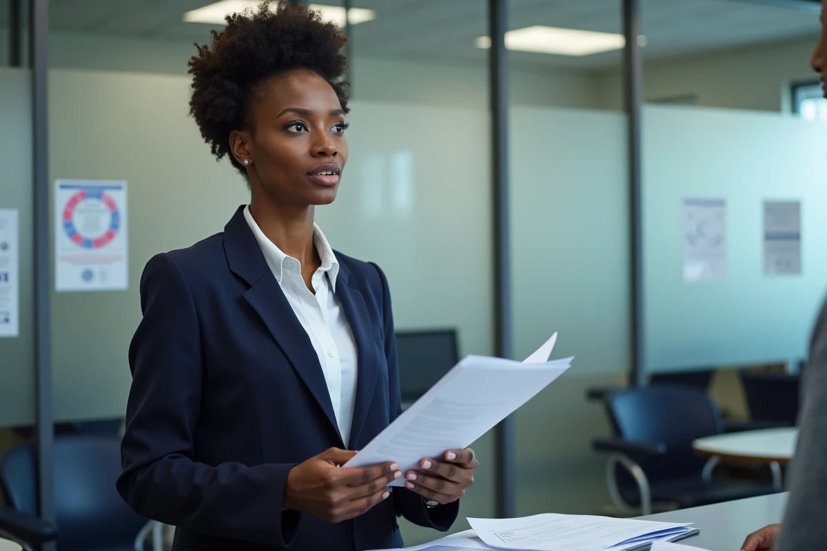 Femme monoparentale effectuant une démarche administrative dans une CAF ou agence d'aides sociales