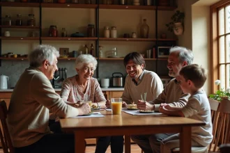 Famille multigénérationnelle réunie autour d'une table illustrant les phases de la transition démographique