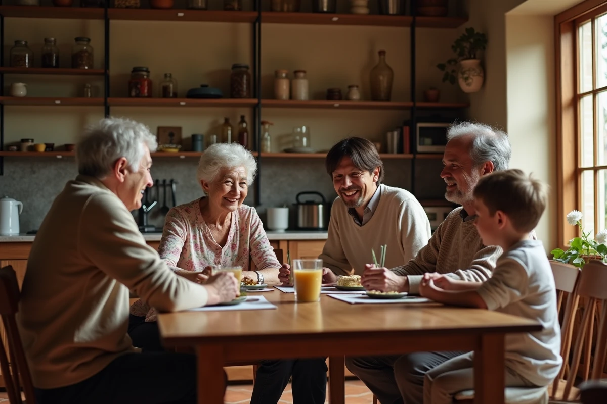 Famille multigénérationnelle réunie autour d'une table illustrant les phases de la transition démographique