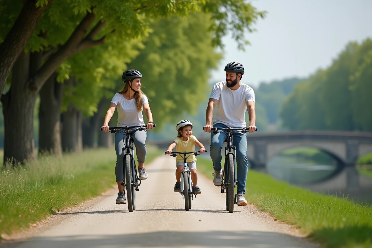 Famille en vélo sur un chemin de halage de la Loire pratiquant le slow tourisme en pleine nature