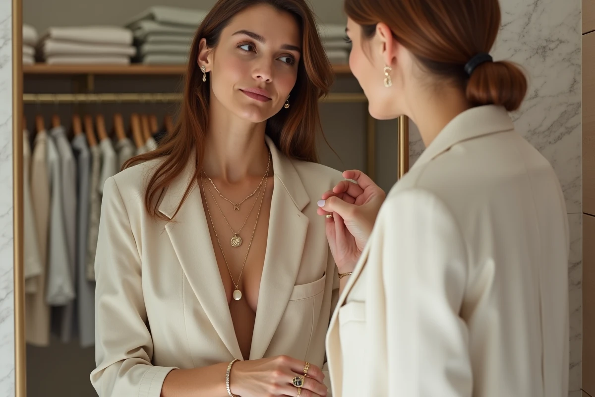 Femme portant plusieurs colliers et bracelets dorés devant un miroir dans une boutique minimaliste