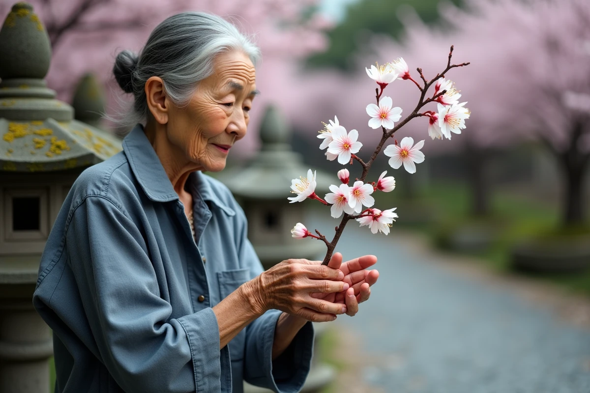 Femme âgée tenant une branche de cerisier en fleurs dans un jardin japonais, évoquant la résilience et la sagesse