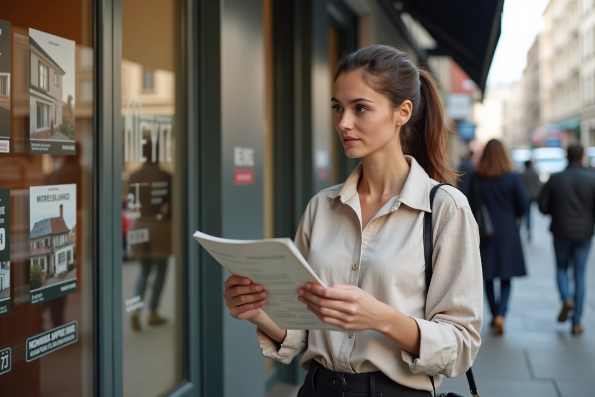 Femme consultant une agence immobilière pour investir face à l'inflation