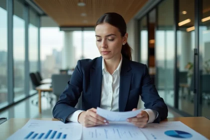 Femme professionnelle analysant des documents sur les fonds d'investissement dans un bureau moderne