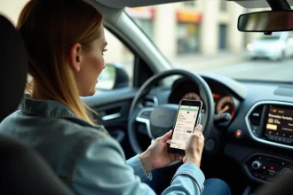 Femme dans une voiture consultant une application de covoiturage affichant le calcul du trajet et du coût