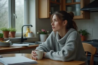 Femme épuisée en arrêt maladie pour dépression assise dans sa cuisine avec une tasse de café, regard perdu dans le vague