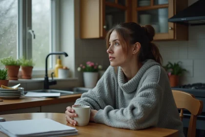 Femme épuisée en arrêt maladie pour dépression assise dans sa cuisine avec une tasse de café, regard perdu dans le vague