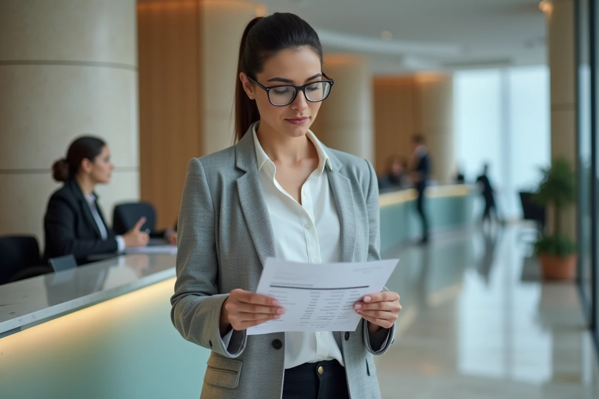 Femme en blazer gris consultant un relevé bancaire dans une agence moderne, gestion et protection de l'épargne face aux prélèvements fiscaux