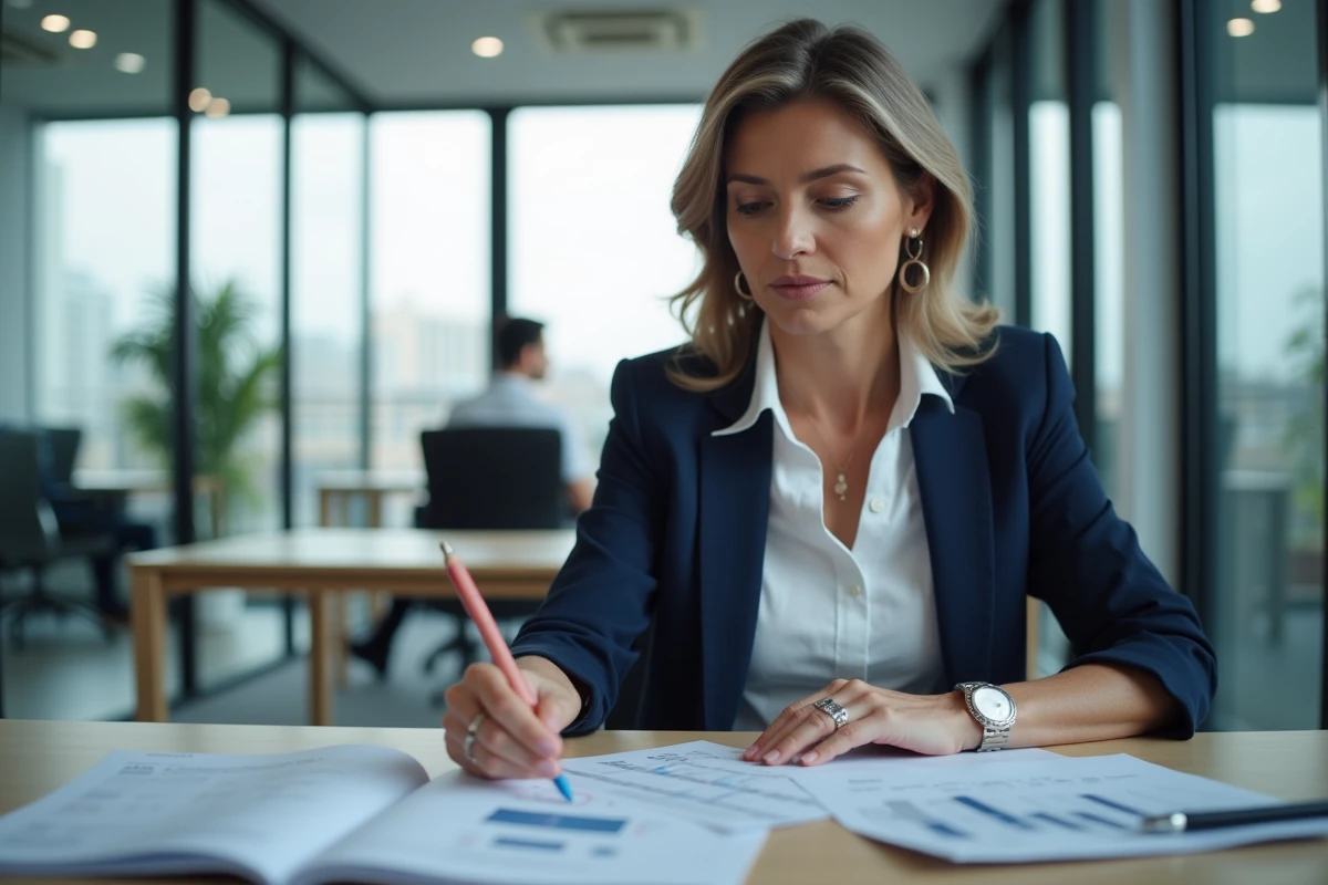 Femme cadre analysant des documents financiers dans un bureau moderne pour réduire les coûts de l'entreprise