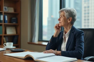 Femme de 58 ans en costume bleu marine assise à son bureau et réfléchissant à sa décision de partir à la retraite ou de démissionner