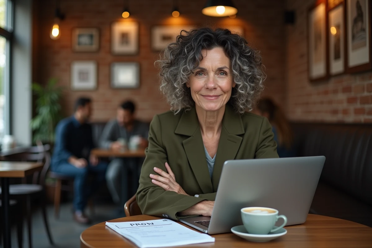 Femme de 55 ans dans un café en train de peser le pour et le contre entre démission et départ à la retraite devant son ordinateur portable