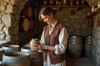 Femme en tenue traditionnelle tenant une jarre artisanale dans une cave en pierre, illustrant les pratiques ancestrales de la vrade