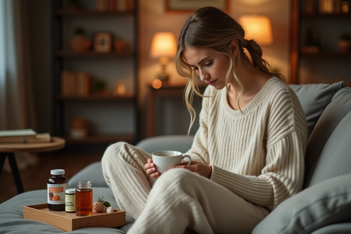Femme examinant des compléments naturels pour dormir comme la mélatonine et la valériane sur son canapé le soir
