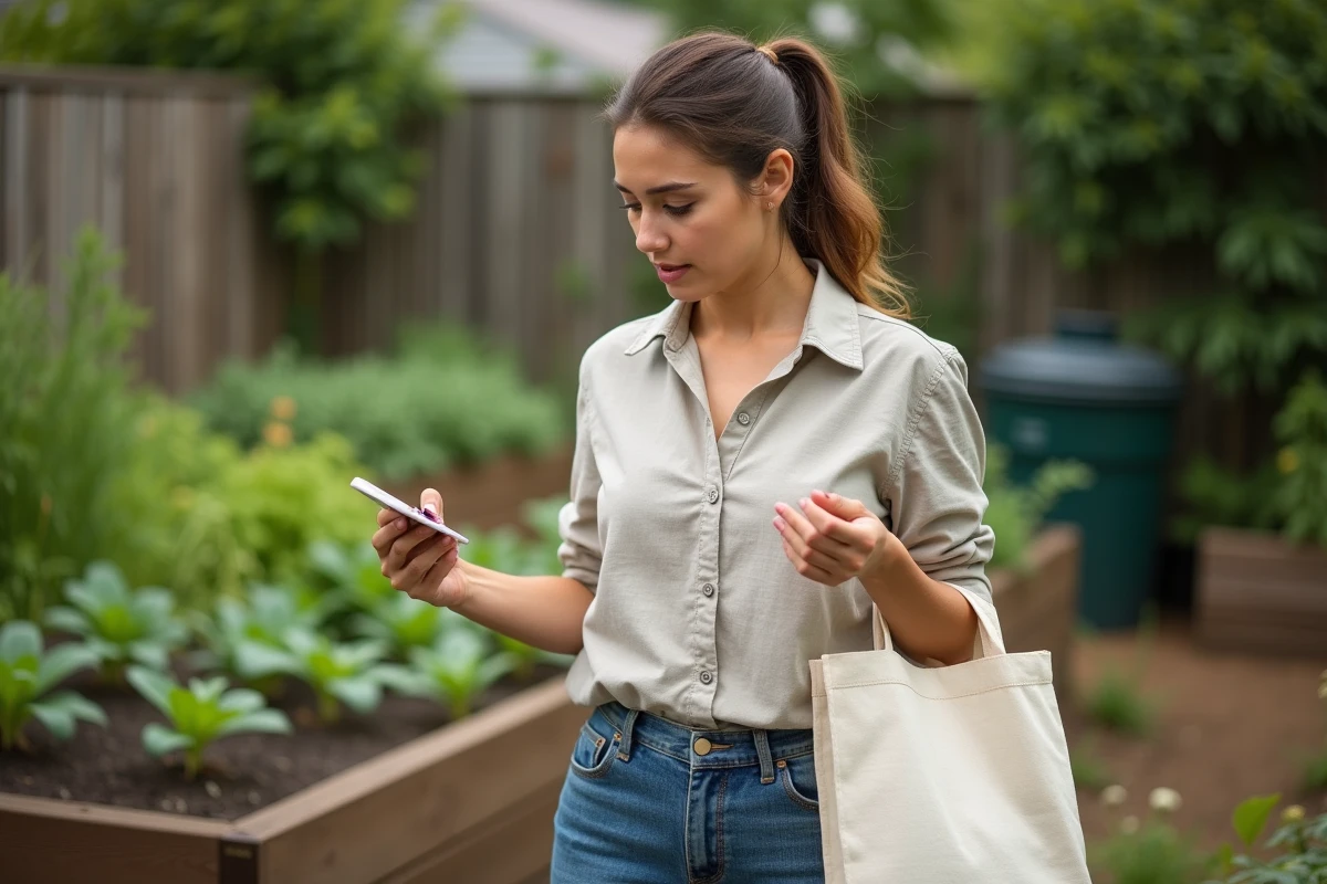 Femme tenant un sac en coton naturel et un sac en polyester recyclé dans un jardin communautaire, réfléchissant à l'impact environnemental et à la durabilité des matières textiles