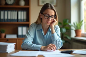 Femme consultant des documents de prêt hypothécaire à son bureau à domicile
