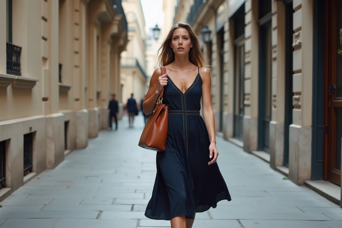 Femme en robe midi marine marchant sur un trottoir parisien haussmannien, sac en cuir à la main, illustrant l'élégance au quotidien dans un cadre urbain chic