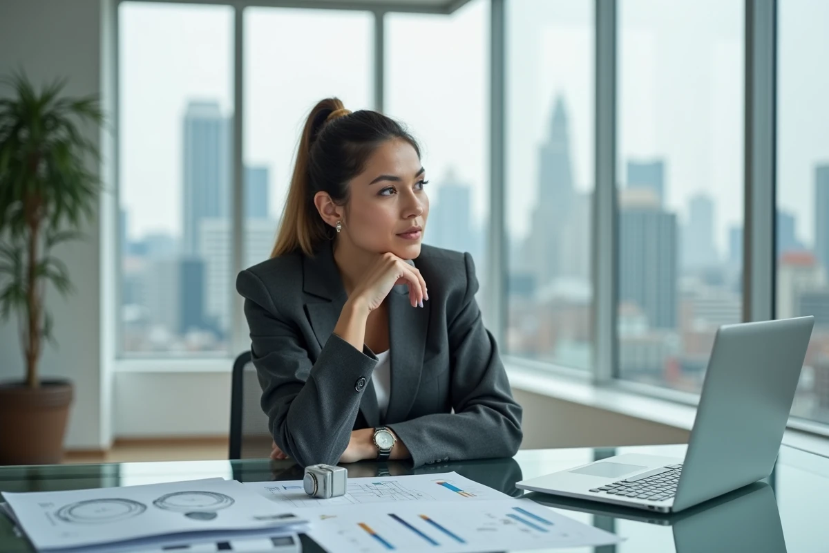 Femme entrepreneur analysant des prototypes dans un bureau de R&D, symbolisant le lien entre entrepreneuriat et innovation technologique
