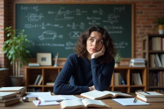 Femme curieuse étudiant la physique quantique dans un bureau universitaire entouré de livres et d'équations