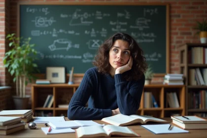 Femme curieuse étudiant la physique quantique dans un bureau universitaire entouré de livres et d'équations