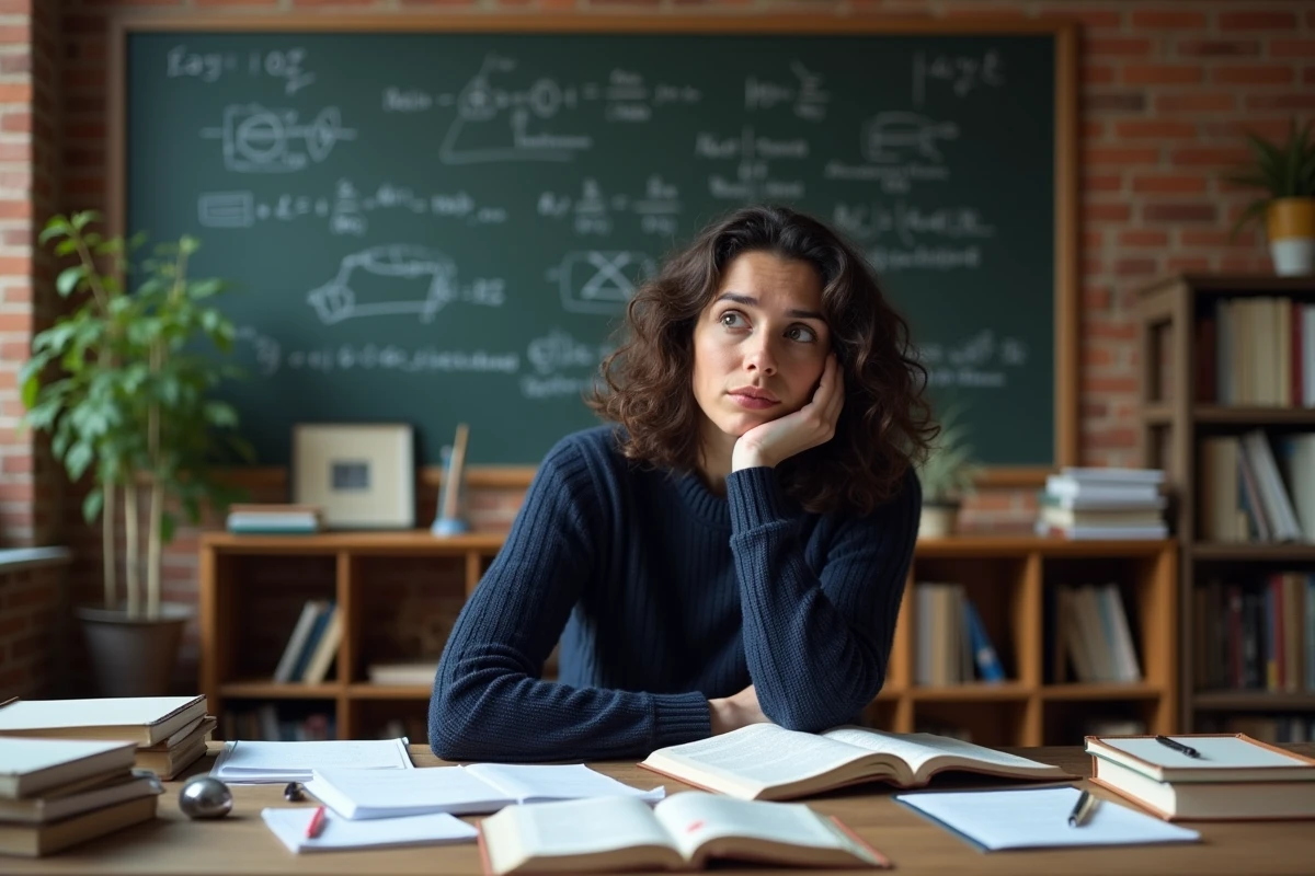 Femme curieuse étudiant la physique quantique dans un bureau universitaire entouré de livres et d'équations