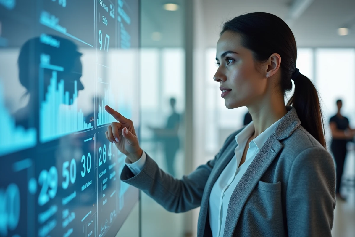 Femme utilisant une interface tactile numérique dans un bureau moderne pour illustrer l'intérêt des interfaces homme-machine