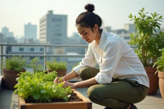 Femme soignant un jardin potager urbain sur un toit en ville, illustrant la croissance durable et l'agriculture responsable