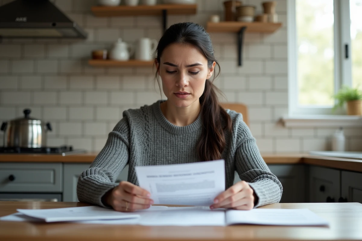 Femme lisant un contrat de location et un diagnostic DPE à la table de sa cuisine