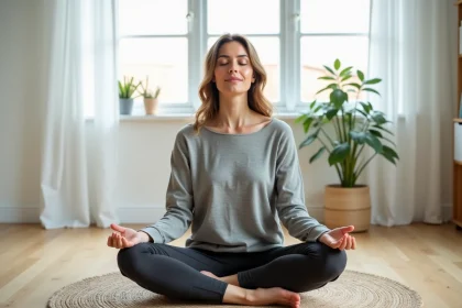 Femme pratiquant la méditation de pleine conscience assise en tailleur sur un parquet en bois dans un salon minimaliste