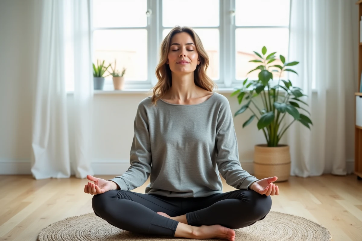 Femme pratiquant la méditation de pleine conscience assise en tailleur sur un parquet en bois dans un salon minimaliste