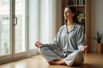 Femme pratiquant la méditation assise sur un plancher en bois dans un appartement minimaliste pour réduire le stress