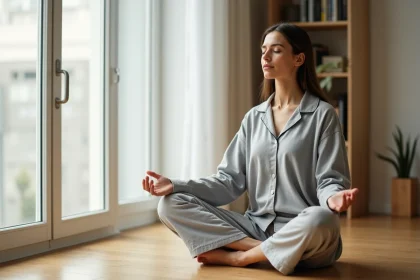 Femme pratiquant la méditation assise sur un plancher en bois dans un appartement minimaliste pour réduire le stress