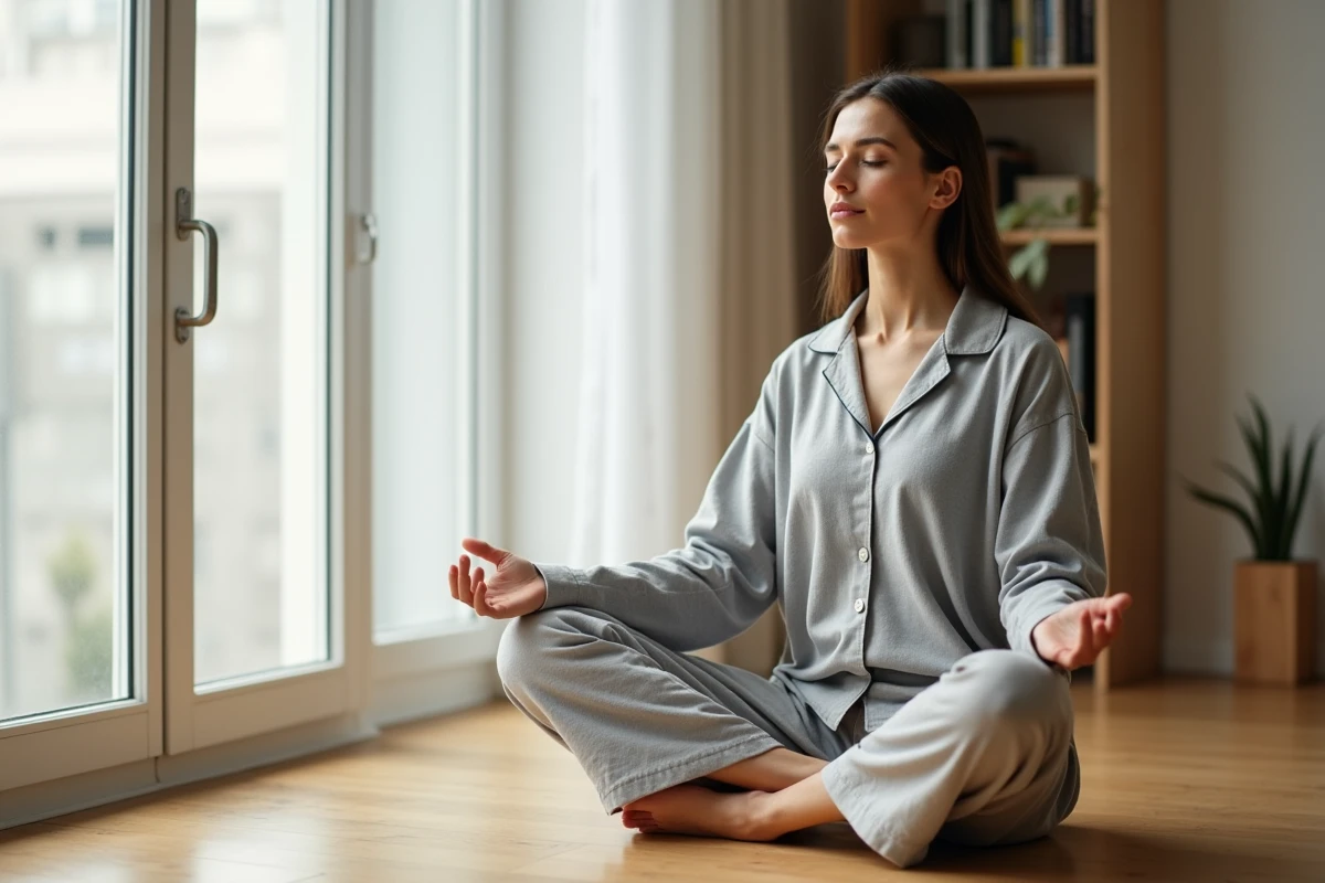Femme pratiquant la méditation assise sur un plancher en bois dans un appartement minimaliste pour réduire le stress