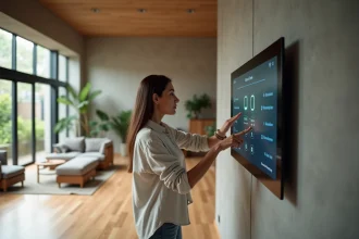 Femme utilisant un panneau de contrôle domotique intelligent dans un salon moderne et minimaliste