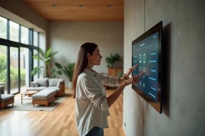 Femme utilisant un panneau de contrôle domotique intelligent dans un salon moderne et minimaliste