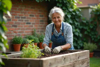 Femme jardinant dans un potager surélevé en bois sur une terrasse ensoleillée avec mur en briques